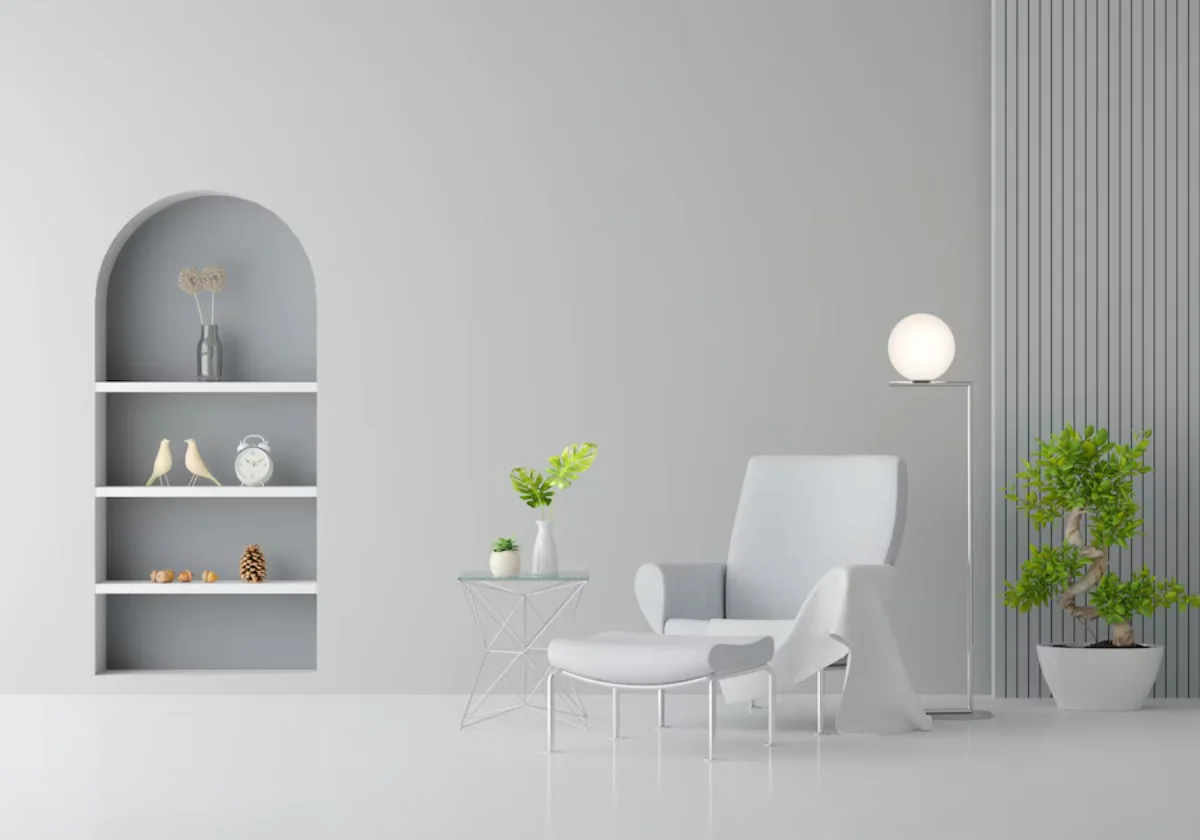 Cozy living room with plants ,a white chair and a white table
