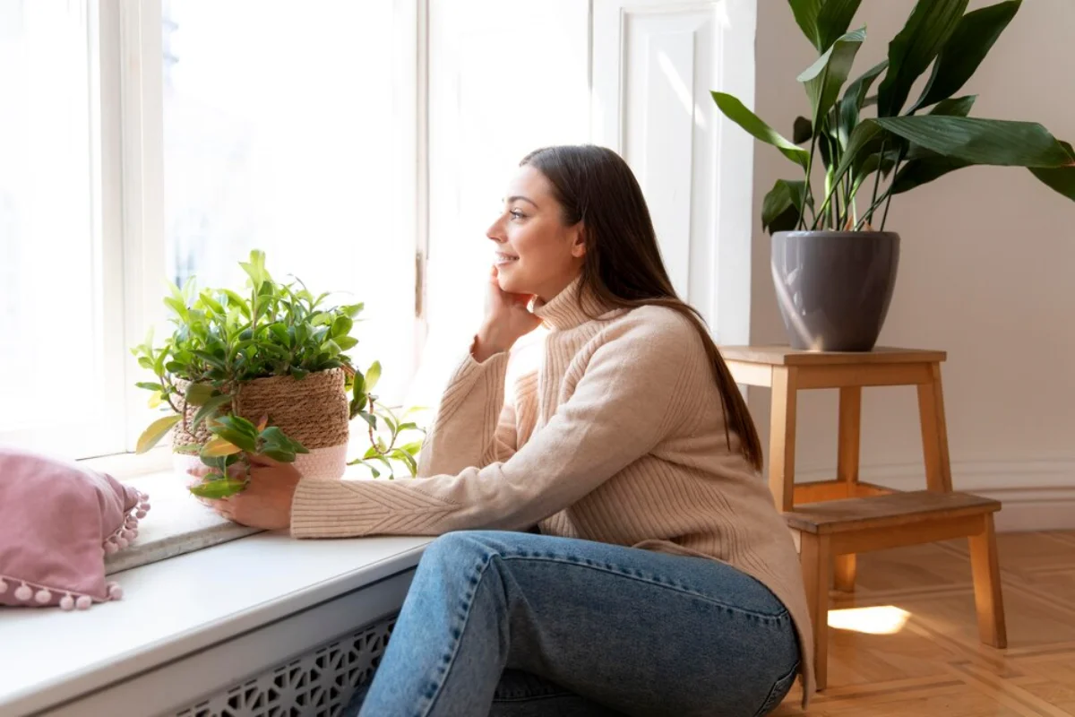 Woman sitting by window