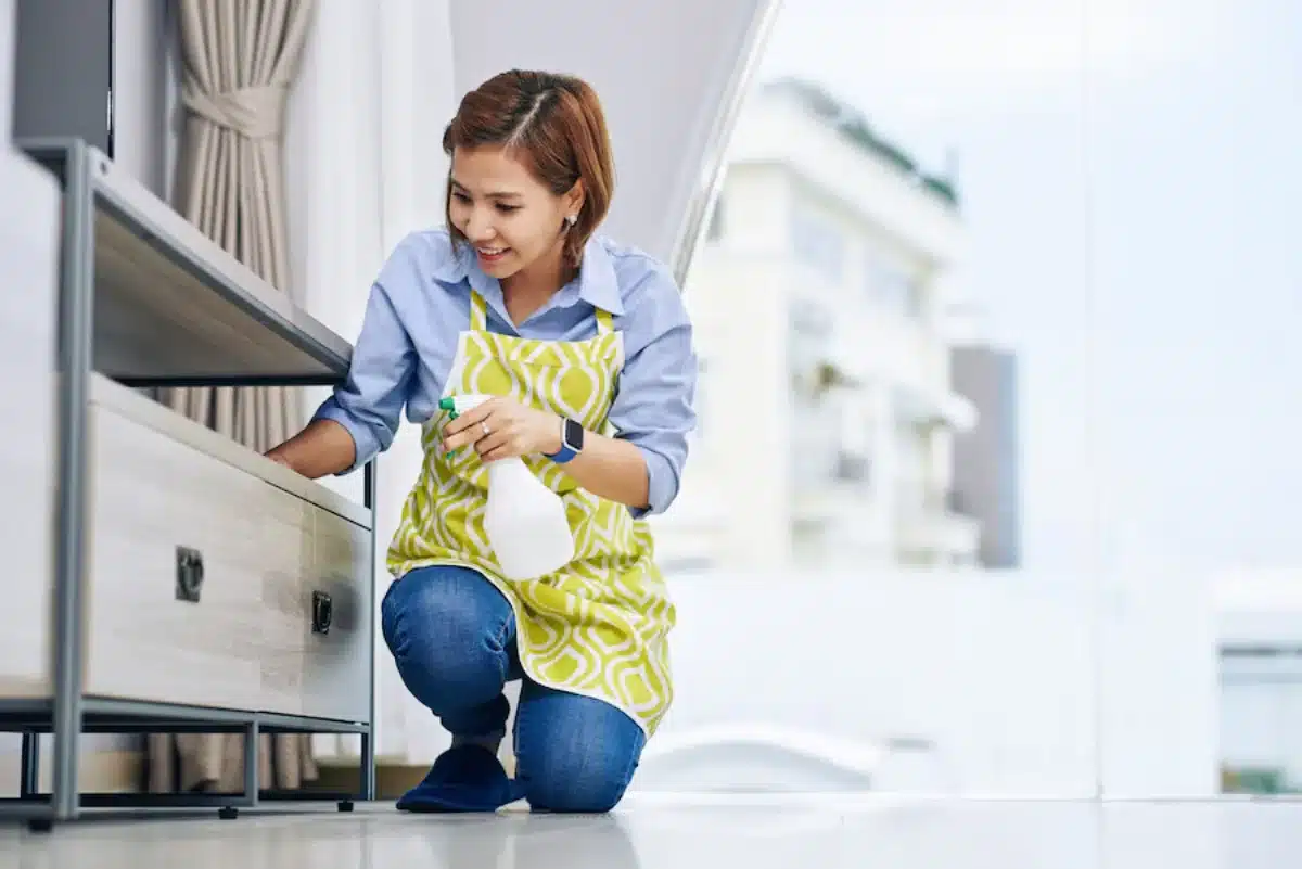 Woman cleaning under furniture